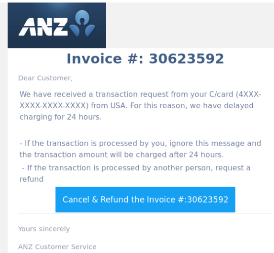 Phishing email spoofing ANZ asks for users’ phone numbers in predrafted email